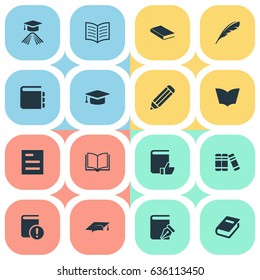 Vector Illustration Set Of Simple Education Icons. Elements Academic Cap, Pen, Book Page And Other Synonyms Recommended, Bookshelf And Note.