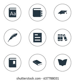 Vector Illustration Set Of Simple Education Icons. Elements Plume, Reading, Book Cover And Other Synonyms Textbook, Document And Cap.