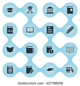 Vector Illustration Set Of Simple Education Icons. Elements Reading, Alphabet, Book Cover And Other Synonyms Bookshelf, Catalog And Blank.