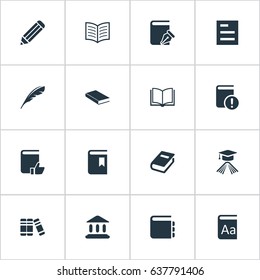 Vector Illustration Set Of Simple Education Icons. Elements Pen, Recommended Reading, Blank Notebook And Other Synonyms Write, Building And Pencil.