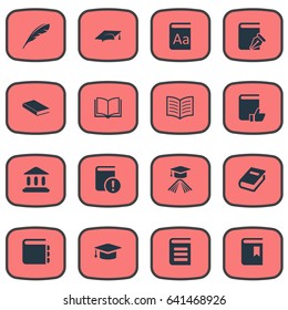 Vector Illustration Set Of Simple Education Icons. Elements Academic Cap, Sketchbook, Notebook And Other Synonyms Bookmark, Blank And Write.