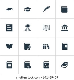 Vector Illustration Set Of Simple Education Icons. Elements Bookshelf, Academic Cap, Plume And Other Synonyms Favored, Sketchbook And Library.