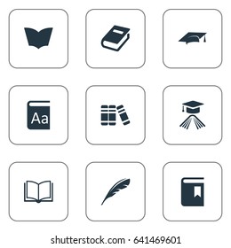 Vector Illustration Set Of Simple Education Icons. Elements Graduation Hat, Book Cover, Academic Cap And Other Synonyms Catalog, Plume And Reading.