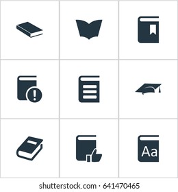 Vector Illustration Set Of Simple Education Icons. Elements Book Cover, Reading, Alphabet And Other Synonyms Book, Catalog And Graduation.