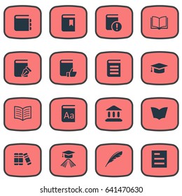 Vector Illustration Set Of Simple Education Icons. Elements Library, Alphabet, Bookshelf And Other Synonyms Building, Notebook And List.
