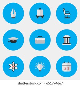 Vector Illustration Set Of Simple Education Icons. Elements Armchair, Date Block, Briefcase And Other Synonyms Date, Bulb And Molecule.