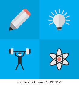 Vector Illustration Set Of Simple Education Icons. Elements Pen, Bodybuilding, Bulb And Other Synonyms Lifter, Bodybuilding And Nuclear.