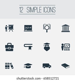 Vector Illustration Set Of Simple Education Icons. Elements Courthouse, Graduation Celebration, Chalk And Other Synonyms Degree, School And Academy.