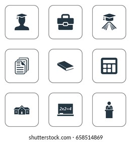 Vector Illustration Set Of Simple Education Icons. Elements Adding Machine, Files, Handbag Synonyms Handbag, Lecture And Chalk.