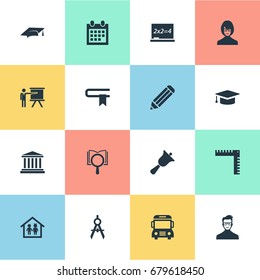 Vector Illustration Set Of Simple Education Icons. Elements Literature, Geometry, Undergraduate And Other Synonyms Geometry, Kindergarten And Break.