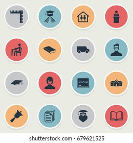Vector Illustration Set Of Simple Education Icons. Elements Tribune, Hat, Graduation Celebration And Other Synonyms Mater, File And Hat.