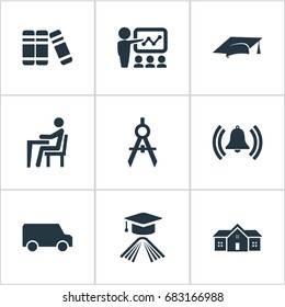 Vector Illustration Set Of Simple Education Icons. Elements Cap, School, Bell And Other Synonyms Alma, Publicity And Cap.