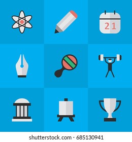 Vector Illustration Set Of Simple Education Icons. Elements Bodybuilding, Goblet, Molecule And Other Synonyms Championship, Molecule And Atom.