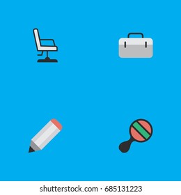 Vector Illustration Set Of Simple Education Icons. Elements Racket, Briefcase, Pen And Other Synonyms Seat, Suitcase And Pong.