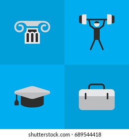 Vector Illustration Set Of Simple Education Icons. Elements Bodybuilding, Column, Briefcase And Other Synonyms Academic, Graduation And Suitcase.