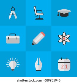 Vector Illustration Set Of Simple Education Icons. Elements Nib, Measurement Dividers, Academic Hat And Other Synonyms Bulb, Office And Graduation.