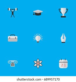 Vector Illustration Set Of Simple Education Icons. Elements Column, Academic Hat, Molecule And Other Synonyms Bodybuilding, University And Suitcase.