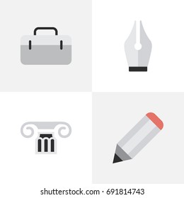 Vector Illustration Set Of Simple Education Icons. Elements Briefcase, Column, Nib And Other Synonyms Pencil, Pen And Nib.