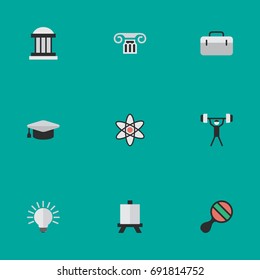 Vector Illustration Set Of Simple Education Icons. Elements Molecule, Racket, Easel And Other Synonyms Weight, University And Bodybuilding.