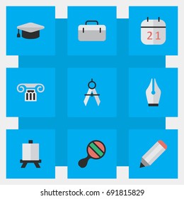 Vector Illustration Set Of Simple Education Icons. Elements Briefcase, Measurement Dividers, Easel And Other Synonyms Drawing, Handbag And Pencil.
