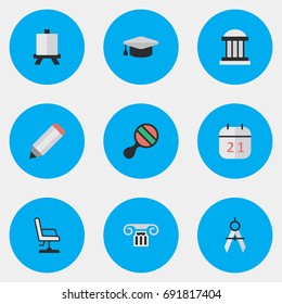Vector Illustration Set Of Simple Education Icons. Elements Easel, Measurement Dividers, University And Other Synonyms Column, Office And Pong.