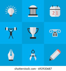 Vector Illustration Set Of Simple Education Icons. Elements Date Block, University, Goblet And Other Synonyms Award, Bodybuilding And Pen.