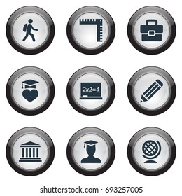 Vector Illustration Set Of Simple Education Icons. Elements Pen, Handbag , Pedagogue Synonyms Pedagogue, Backpack And Suitcase.