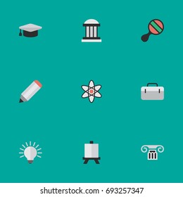 Vector Illustration Set Of Simple Education Icons. Elements Briefcase, Easel, Academic Hat And Other Synonyms Suitcase, Molecule And Museum.
