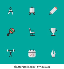 Vector Illustration Set Of Simple Education Icons. Elements Armchair, Goblet, Bodybuilding And Other Synonyms Measurement, Compass And Pong.