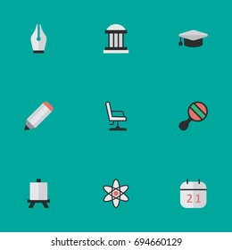 Vector Illustration Set Of Simple Education Icons. Elements Racket, Date Block, Pen And Other Synonyms Seat, Pen And Office.