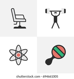 Vector Illustration Set Of Simple Education Icons. Elements Bodybuilding, Molecule, Armchair And Other Synonyms Seat, Bodybuilding And Nuclear.