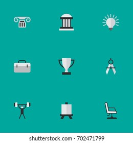 Vector Illustration Set Of Simple Education Icons. Elements Armchair, Column, Briefcase And Other Synonyms Seat, Briefcase And Measurement.