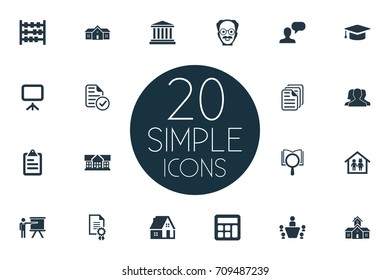Vector Illustration Set Of Simple Education Icons. Elements Presentation Board, Home, Group And Other Synonyms Property, Courthouse And Kindergarten.