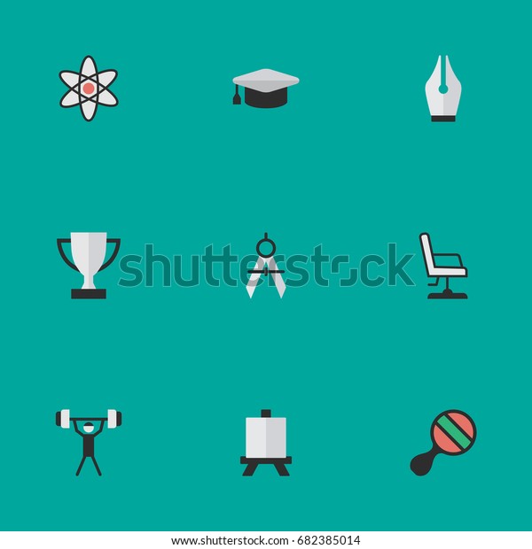 Vector Illustration Set Of Simple Education\
Icons. Elements Bodybuilding, Measurement Dividers, Armchair And\
Other Synonyms Atom, Seat And\
Molecule.