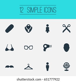 Vector Illustration Set Of Simple Elegance Icons. Elements Wardrobe, Golden Necklace, Person And Other Synonyms Reflection, Person And Sunglasses.