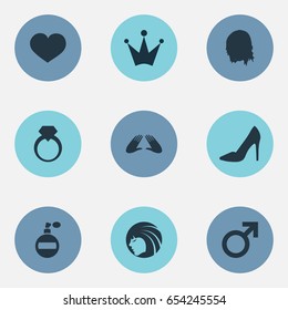 Vector Illustration Set Of Simple Elegance Icons. Elements Beauty Queen, Hairstyle, Beautiful Face And Other Synonyms Hand, Heart And Ring.