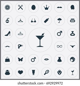 Vector Illustration Set Of Simple Elegance Icons. Elements Mustaches, Heirdressing, Purse And Other Synonyms Skincare, Blowdryer And Scissors.