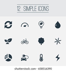 Vector Illustration Set Of Simple Energy Icons. Elements Automobile Fuel, Droplet, Forest And Other Synonyms Ecology, Tachometer And Fuel.