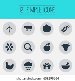 Vector Illustration Set Of Simple Energy Icons. Elements Dairy, Bacteria, Livestock And Other Synonyms Farmhouse, Mortar And Cow.