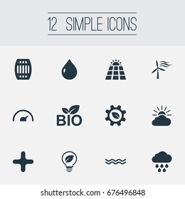 Vector Illustration Set Of Simple Energy Icons. Elements Safe Lightbulb, Naval, Tachometr And Other Synonyms Forecast, Cask And Battery.
