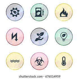 Vector Illustration Set Of Simple Energy Icons. Elements Fahrenheit, Naval, Biology Peril And Other Synonyms Hazard, Bulb And Lightning.