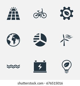 Vector Illustration Set Of Simple Energy Icons. Elements Supply, Windmill, Biological Engineering And Other Synonyms Bike, Energy And Earth.