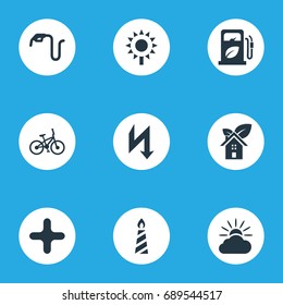 Vector Illustration Set Of Simple Energy Icons. Elements Velocipede, Benzine, Weather And Other Synonyms Forecast, Gas And Sunflower.