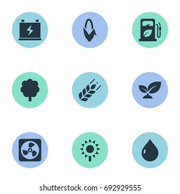 Vector Illustration Set Of Simple Energy Icons. Elements Blossom, Forest, Droplet And Other Synonyms Nature, Barley And Grain.