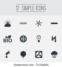 Vector Illustration Set Of Simple Energy Icons. Elements Weather, Earth, Natural Food And Other Synonyms Marine, Sea And Faucet.