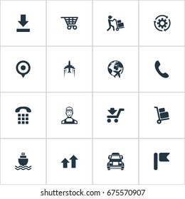 Vector Illustration Set Of Simple Engineering Icons. Elements Employee, Shopping Trolley, Courier And Other Synonyms Ship, Airplane And Baggage.
