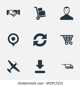 Vector Illustration Set Of Simple Engineering Icons. Elements Refresh, Supporting, Transportation And Other Synonyms Trolley, Baggage And Arrow.