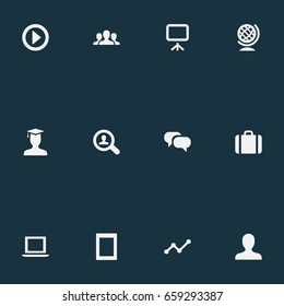 Vector Illustration Set Of Simple Entrepreneurship Icons. Elements Company, Computer, Presentation And Other Synonyms Suitcase, Graduate And Man.