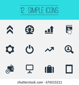 Vector Illustration Set Of Simple Entrepreneurship Icons. Elements Global Business, Gadget, Selection And Other Synonyms Gadget, Book And Frame.
