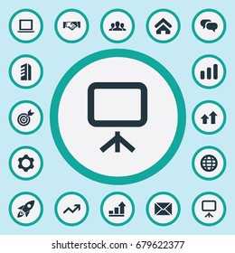 Vector Illustration Set Of Simple Entrepreneurship Icons. Elements Diagram, Greeting, Discussion And Other Synonyms Target, Goal And Spaceship.